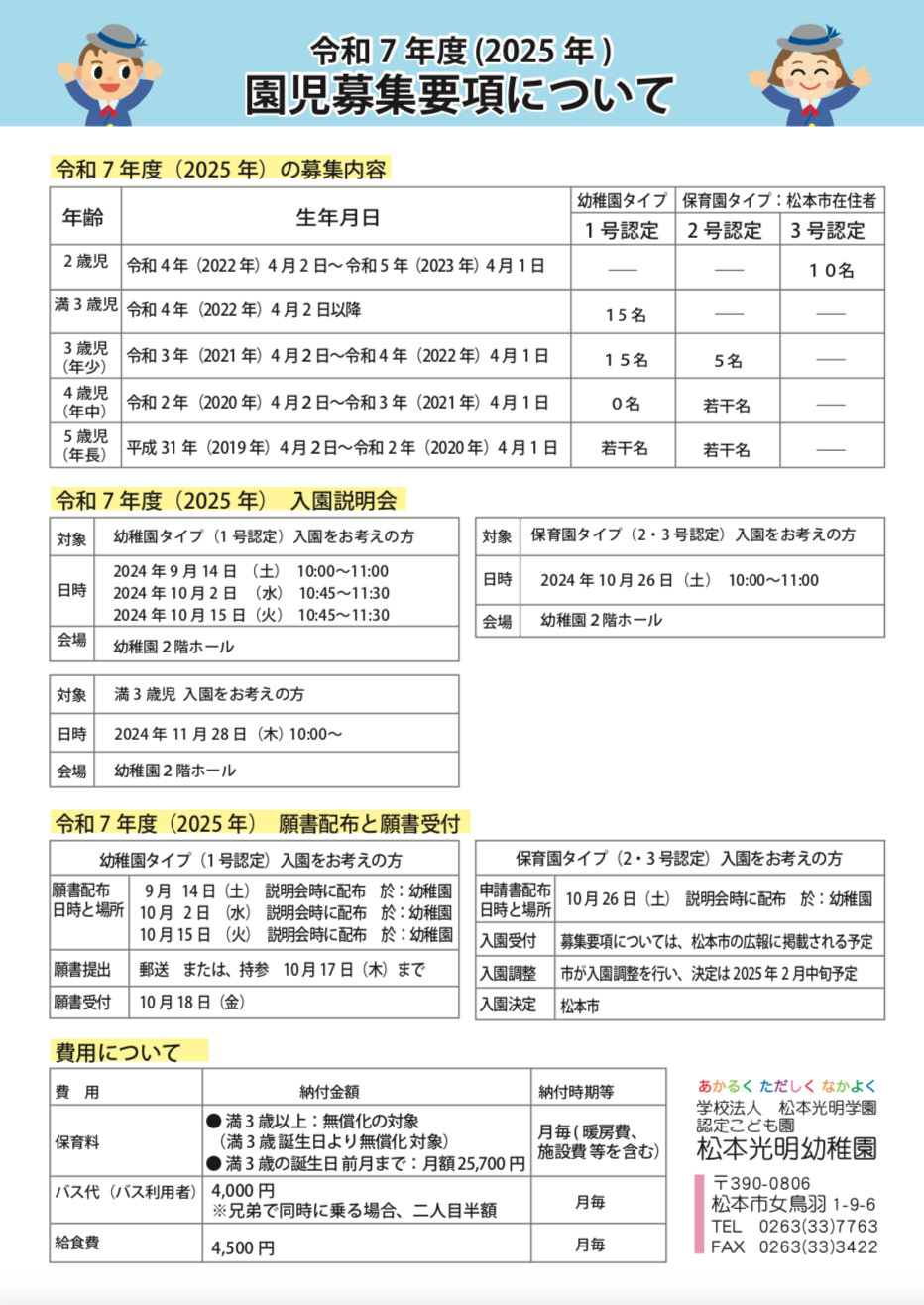 令和７年度(2025年)：園児募集要項について